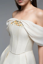 Flowering Girl Women Embroidery A-Line Off-Shoulder Polyester Mini Dress In Beige