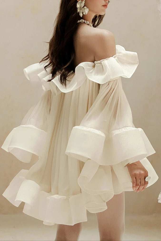 Flowering Girl Women Bernice Ruffle Layer Crinkle Chiffon Mini Dress In White