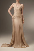 Corset Waist Silk Blend Halter Floor Length Dress In Champagne