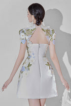 White Floral Embroidered Mini Dress with Sheer Cap Sleeve Bolero