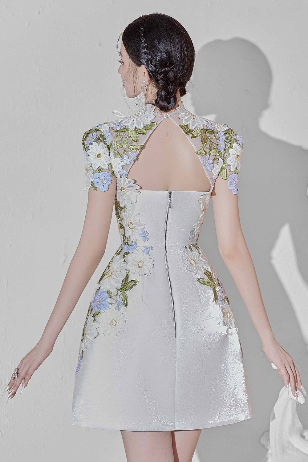 White Floral Embroidered Mini Dress with Sheer Cap Sleeve Bolero