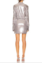 Maud Metallic Pleated Shirt Mini Dress In Silver
