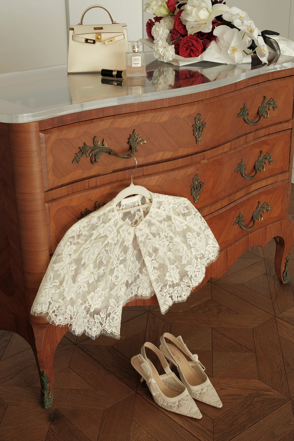 White Lace Cape-Sleeve Mini Dress