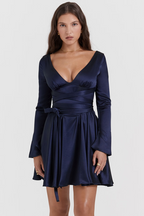 Flowering Girl Women Plunge v-Neck Mini Dress In Navy