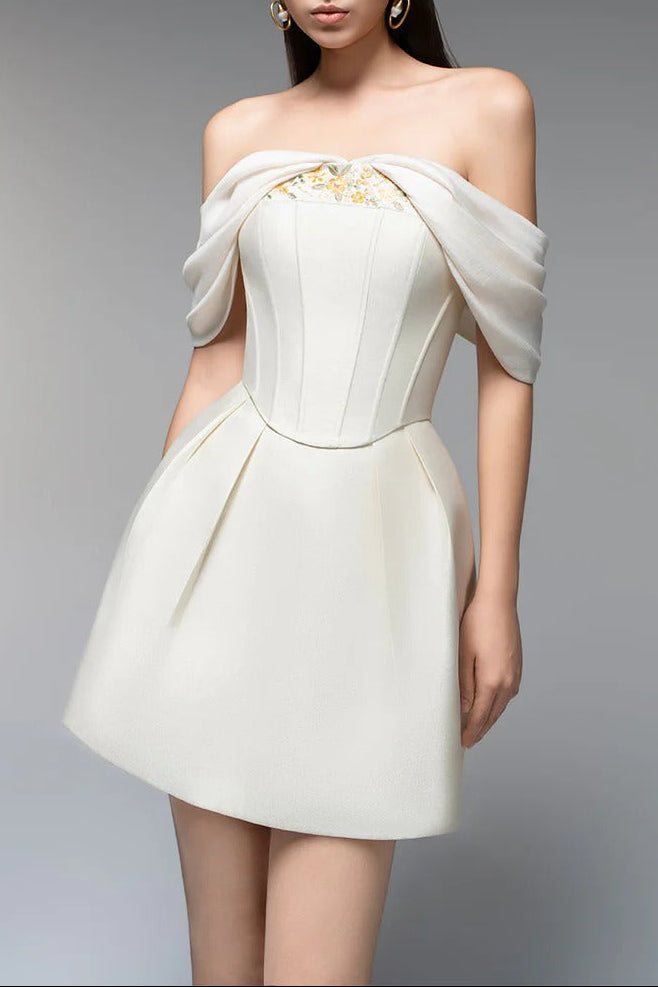 Flowering Girl Women Embroidery A-Line Off-Shoulder Polyester Mini Dress In Beige