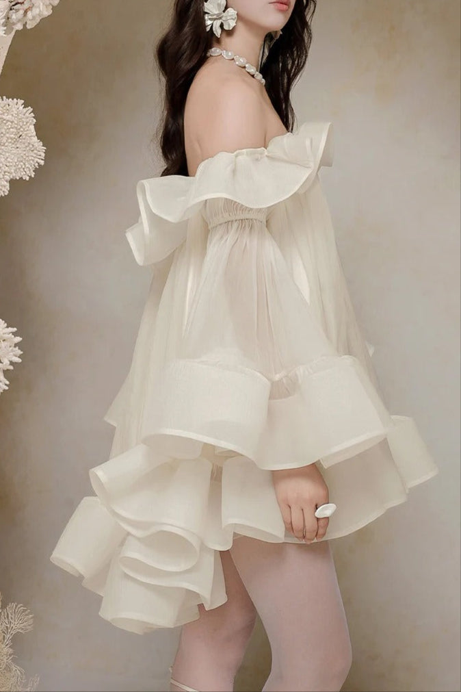 Flowering Girl Women Bernice Ruffle Layer Crinkle Chiffon Mini Dress In White