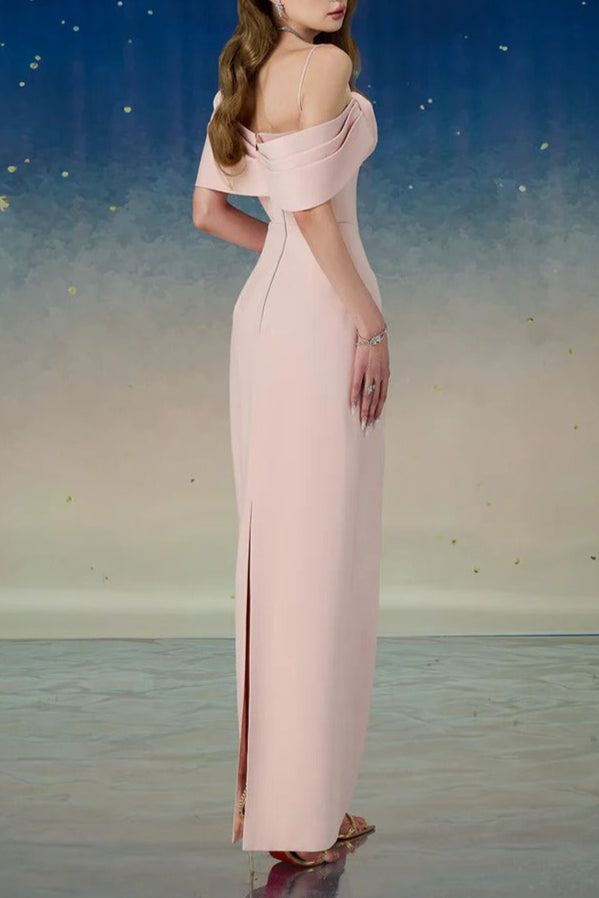 Leona Sheath Asymmetric Shoulder Taffeta Ankle Maxi Dress In Pink