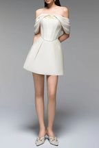 Flowering Girl Women Embroidery A-Line Off-Shoulder Polyester Mini Dress In Beige
