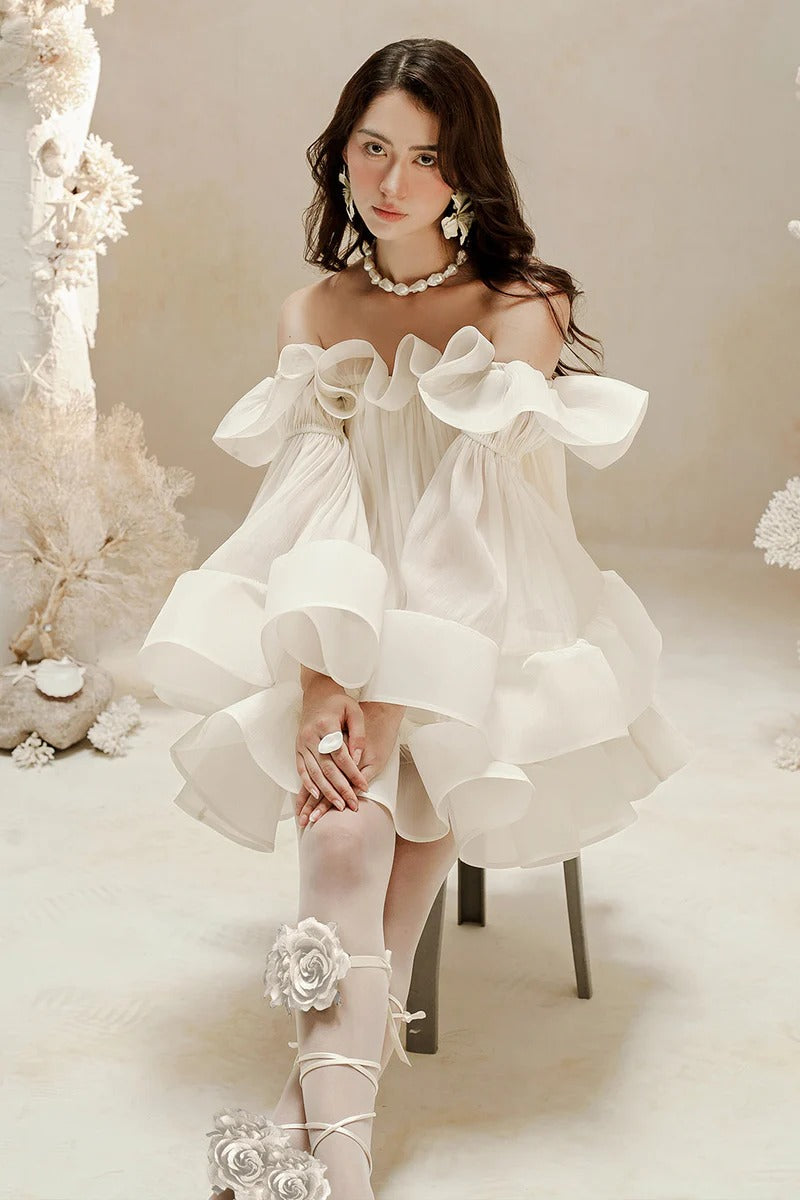 Flowering Girl Women Bernice Ruffle Layer Crinkle Chiffon Mini Dress In White