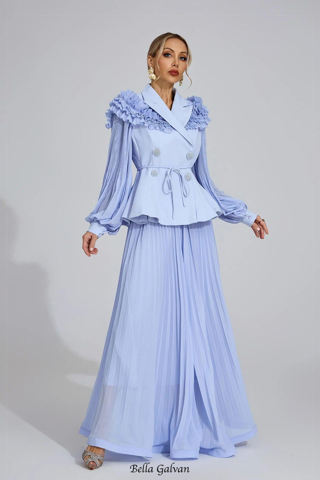 josephine Light Blue Flounce skirt  blazer Two-Piece Set