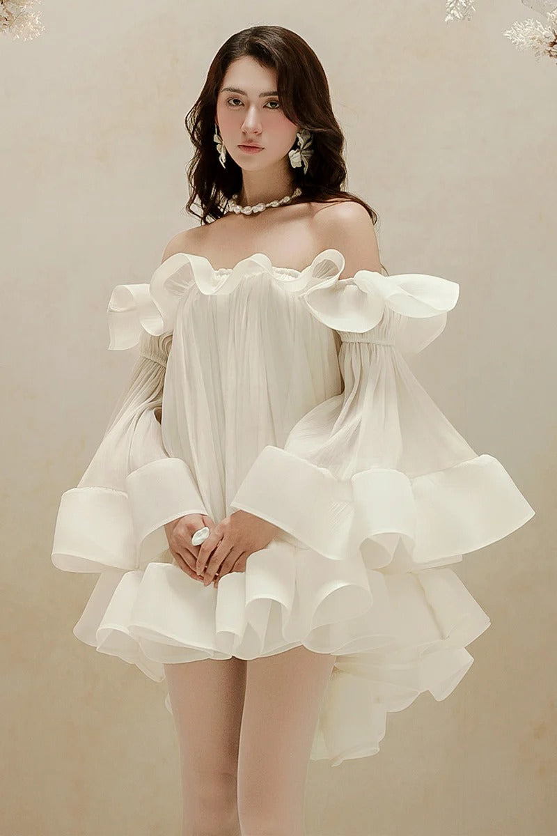 Flowering Girl Women Bernice Ruffle Layer Crinkle Chiffon Mini Dress In White