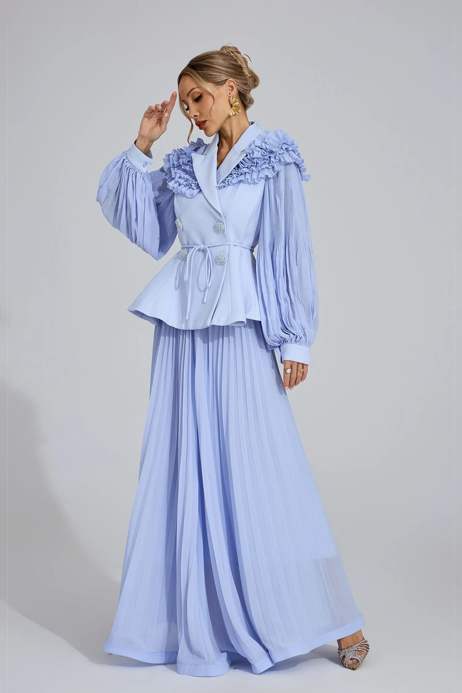 josephine Light Blue Flounce skirt  blazer Two-Piece Set