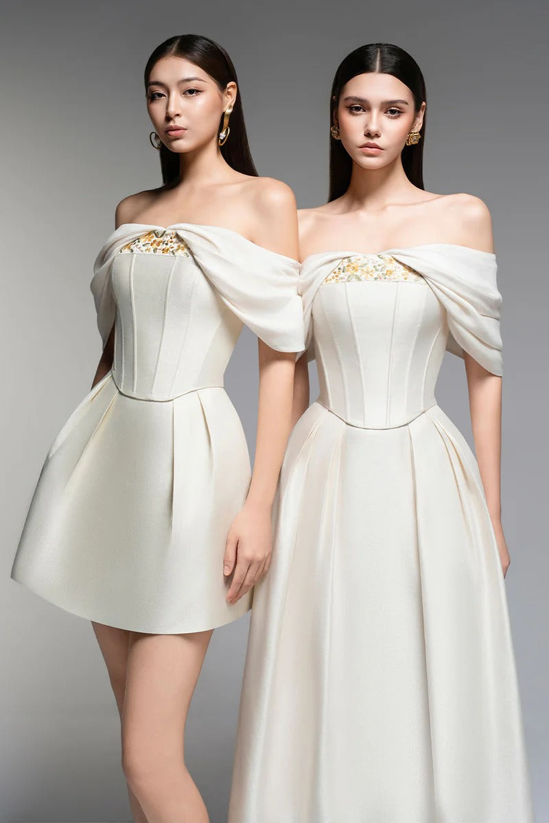 Flowering Girl Women Embroidery A-Line Off-Shoulder Polyester Mini Dress In Beige