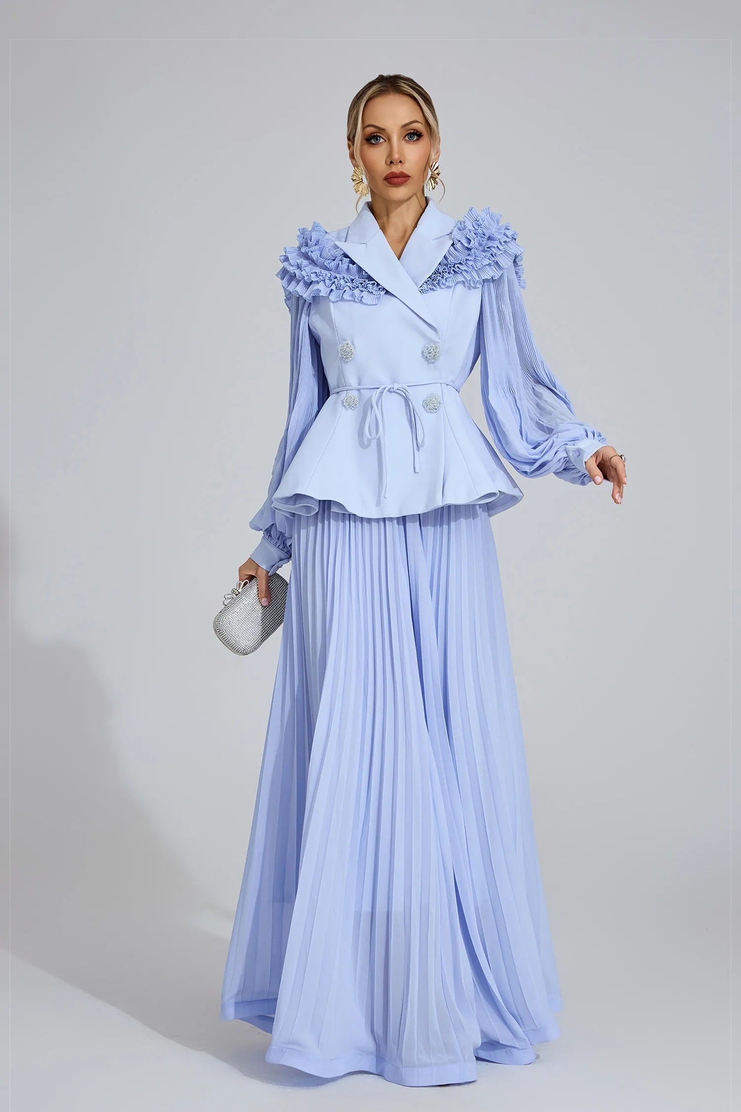 Josephine Light Blue Flounce Skirt  Blazer Two-Piece Set