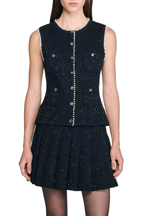 Jody Black Tweed Vest With Pearls Embellished