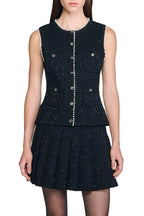 Jody Black Tweed Vest With Pearls Embellished