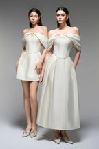 Flowering Girl Women Embroidery A-Line Off-Shoulder Polyester Mini Dress In Beige