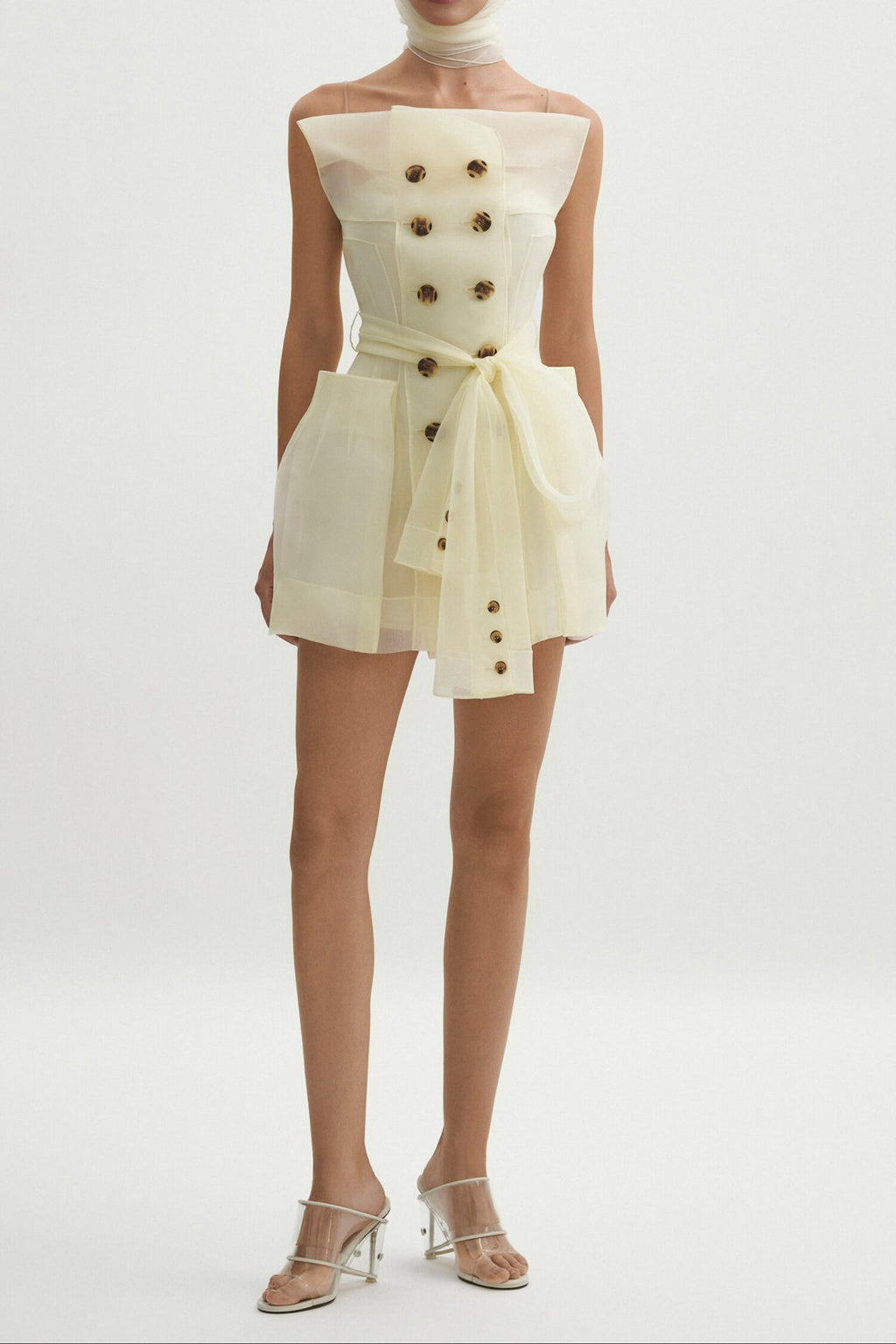 Flowering Girl Women Spaghetti Strap Organza Belted Double-Breasted Mini Trench Dress