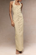 Flowering Girl Women Almond Woven Halter Button Maxi Dress