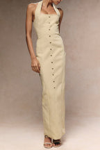 Flowering Girl Women Almond Woven Halter Button Maxi Dress