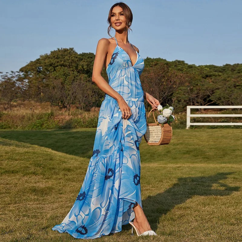 Blue & White Floral Print Halter Neck Tiered Maxi Dress