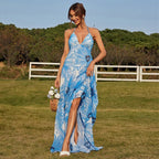 Blue & White Floral Print Halter Neck Tiered Maxi Dress