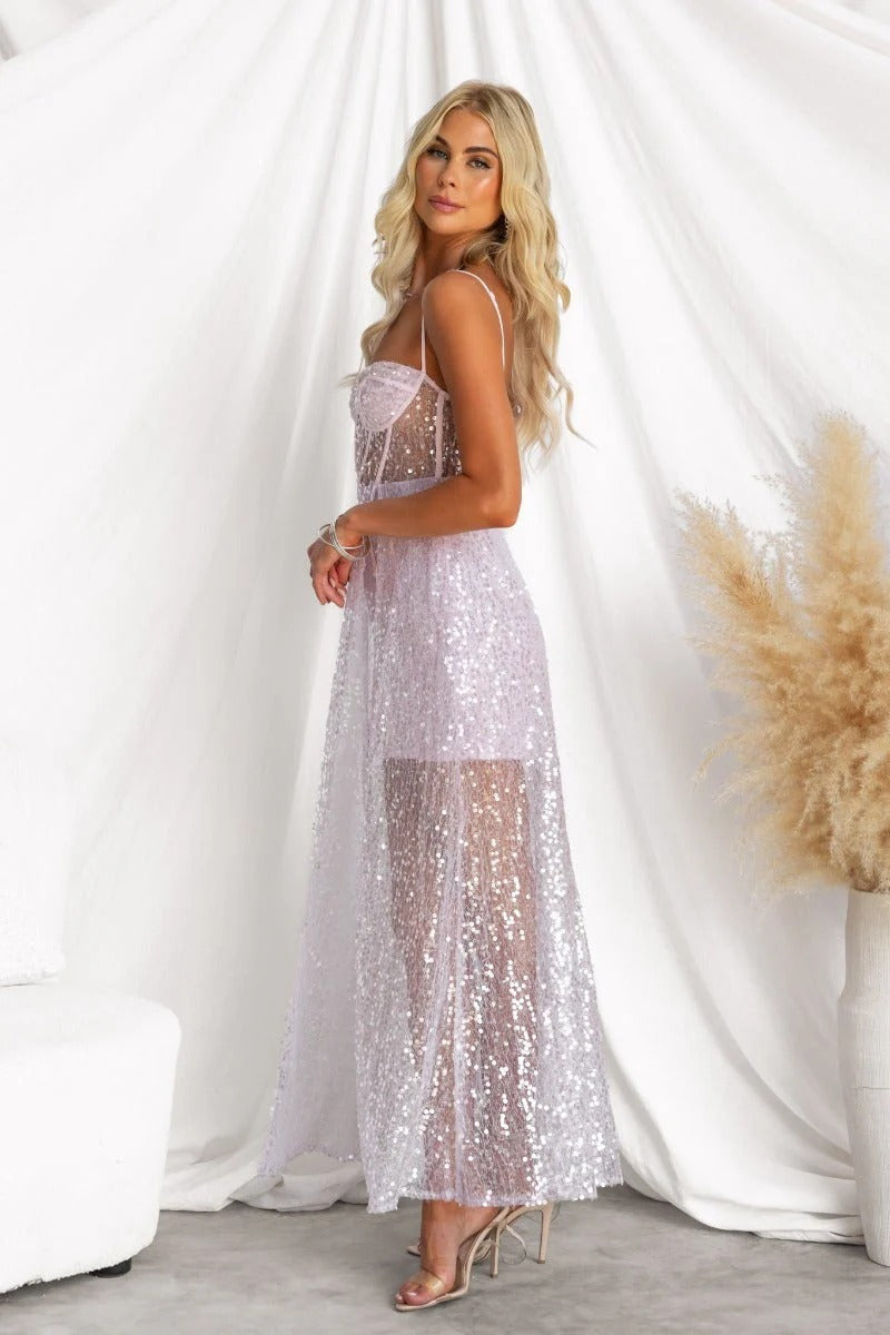 Flowering Girl Women Lavender Sequin Corset Maxi Dress
