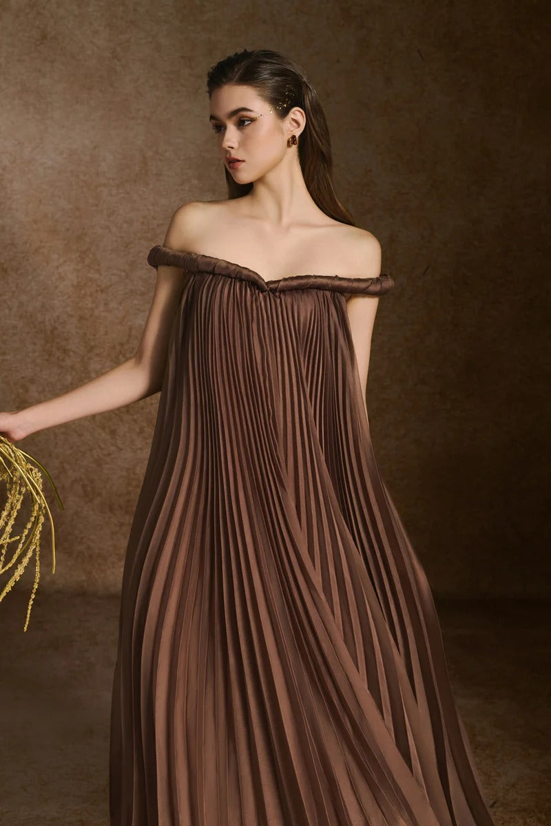 Flowering Girl Women Donna A-Line Off-Shoulder Silk Organza Maxi Dress In Brown