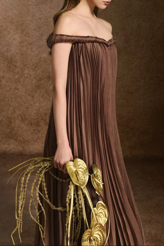 donna A-line Off-Shoulder Silk Organza Maxi Dress in brown