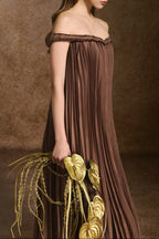 Flowering Girl Women Donna A-Line Off-Shoulder Silk Organza Maxi Dress In Brown