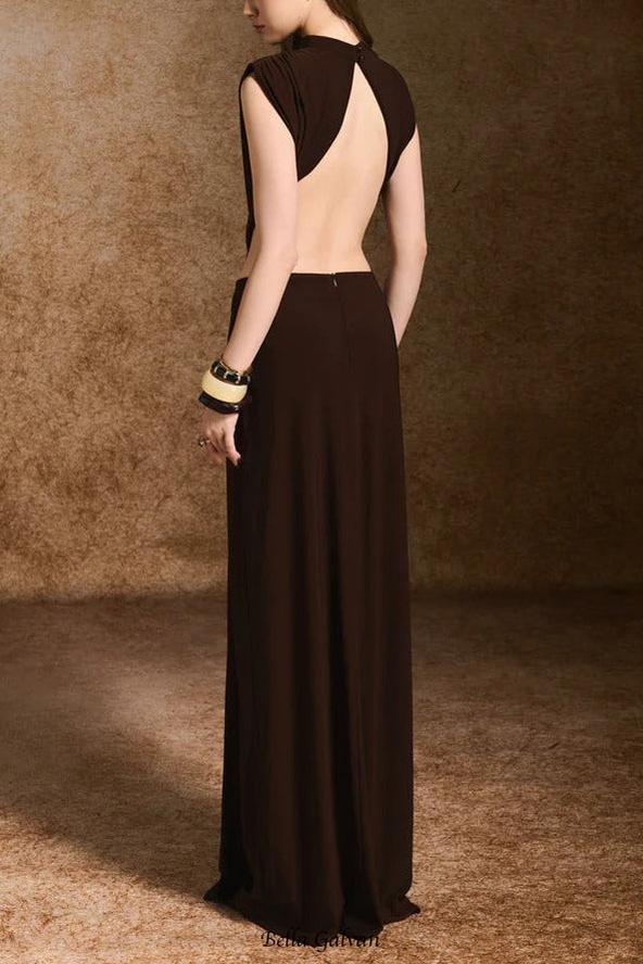damla Sheath Open Back Spandex Maxi Dress in dark brown