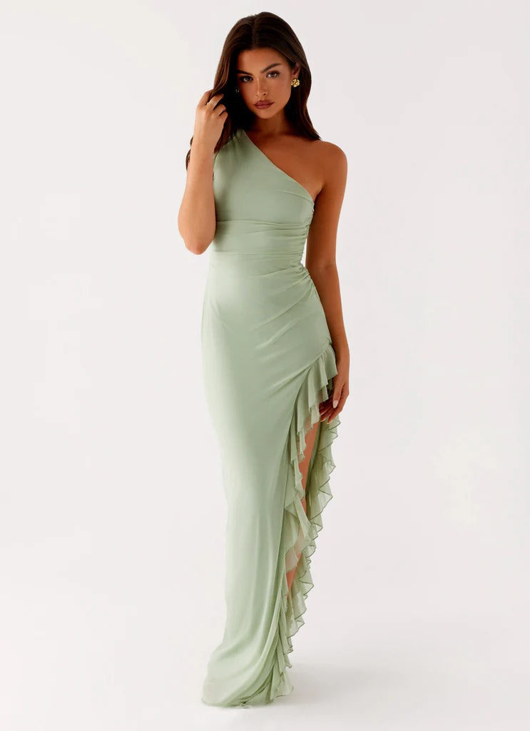 One-Shoulder Slit Ruffle Trim Maxi Dress In Sage Green