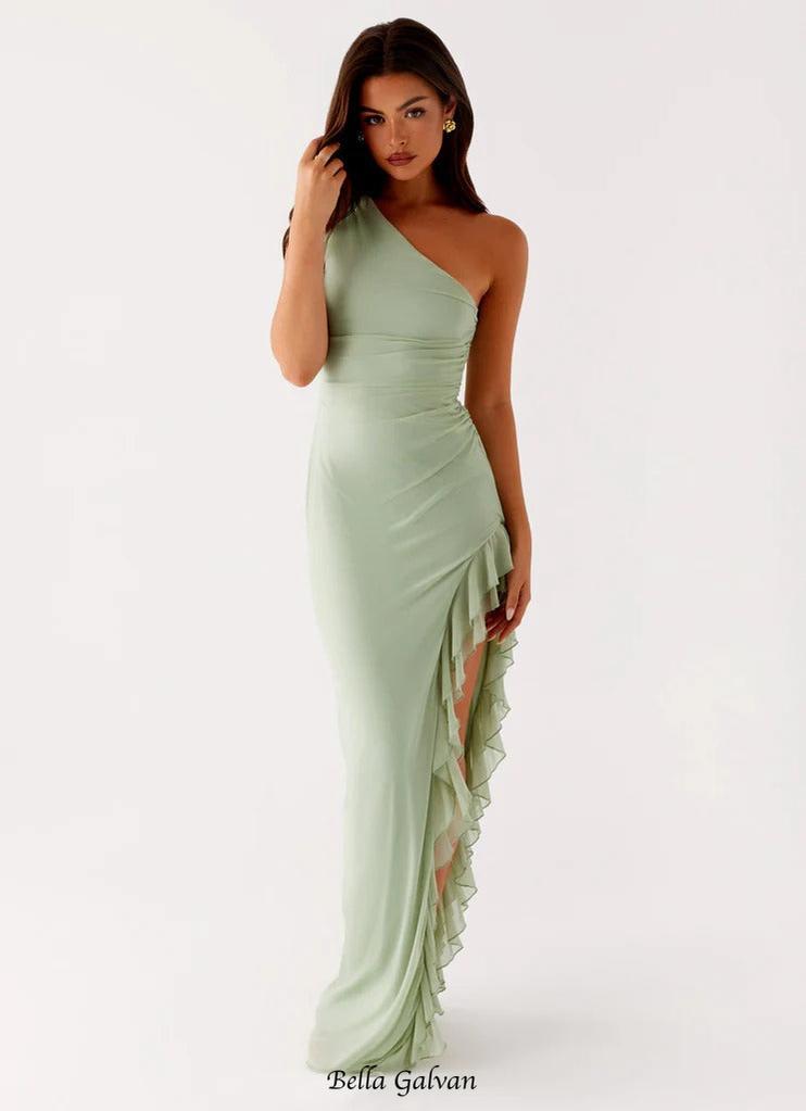 one-shoulder slit ruffle trim Maxi Dress in Sage green
