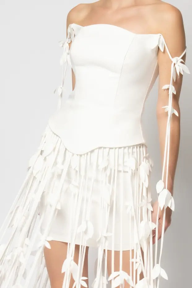 Hilary White Flower Tassel Strapless Mini Dress