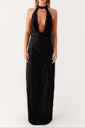 Sequin Cutout Halter Backless Maxi Dress In Black