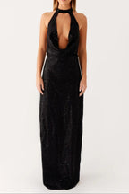 Sequin Cutout Halter Backless Maxi Dress In Black
