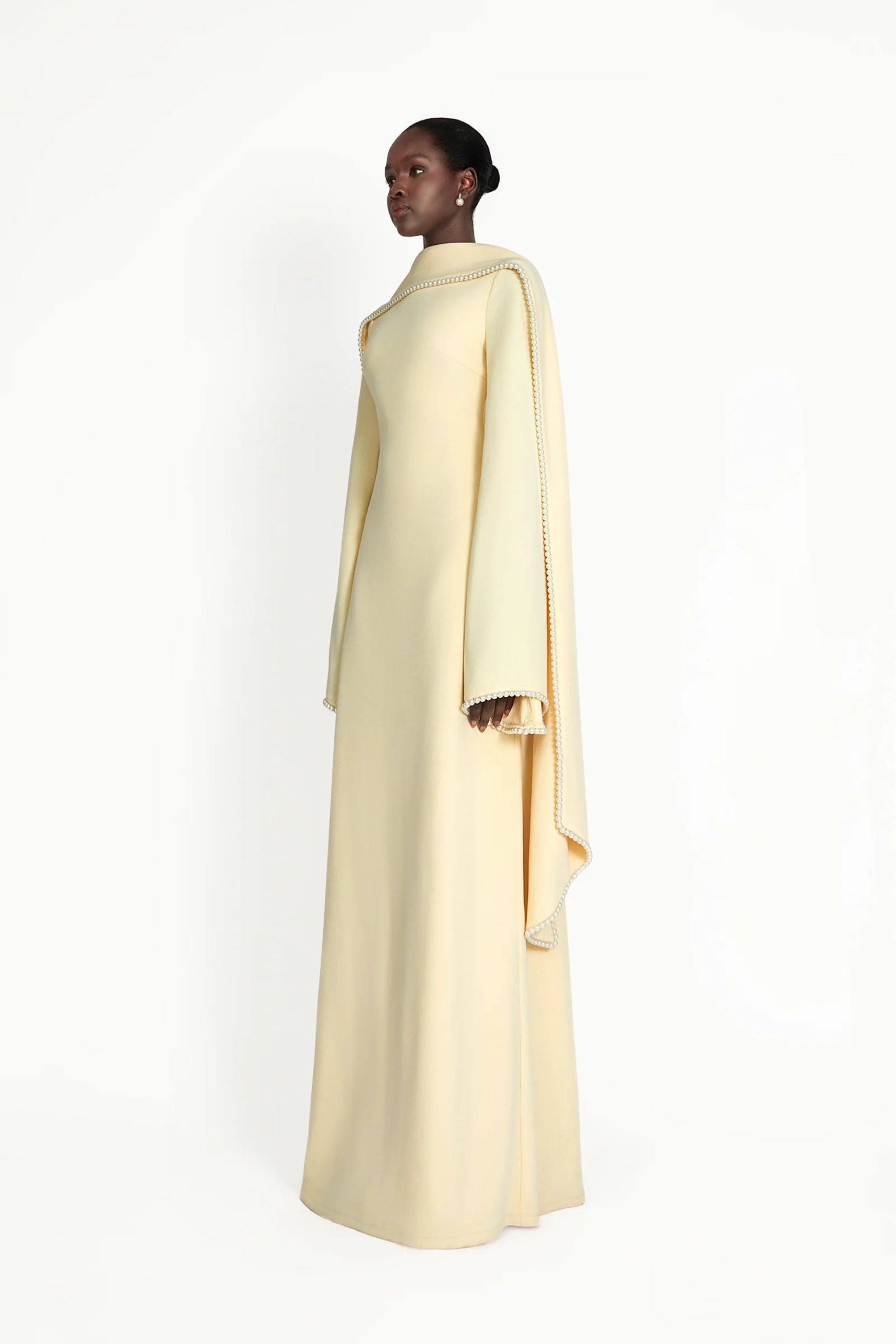 Murray Yellow Pearl Trim Shawl Detail Maxi Dress