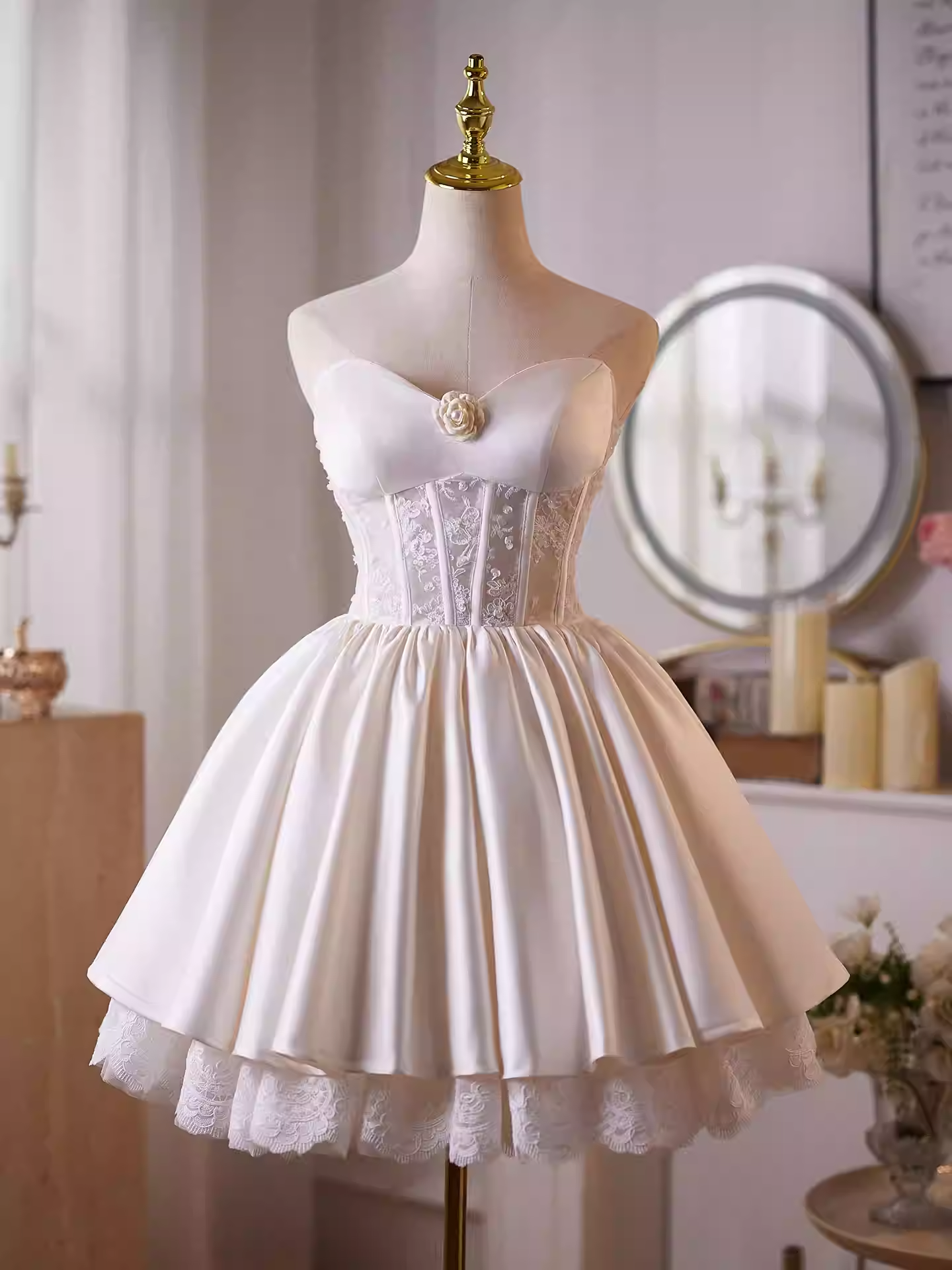 helen white flower Strapless lace satin mini dress