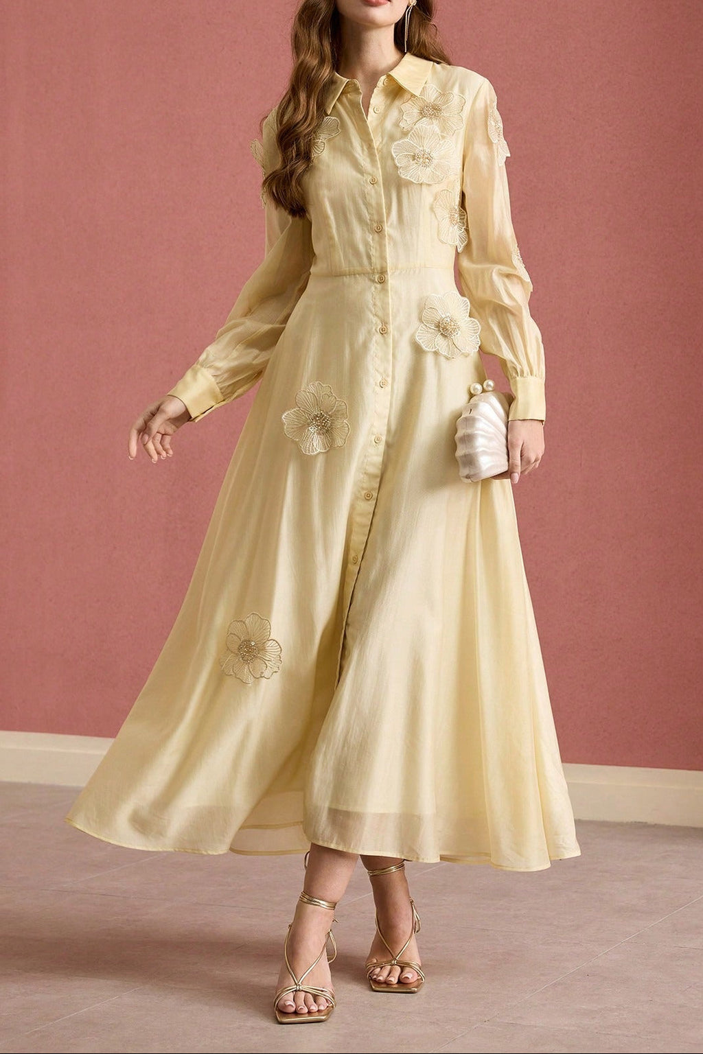 susanna floral Applique Shirt Midi Dress in yellow