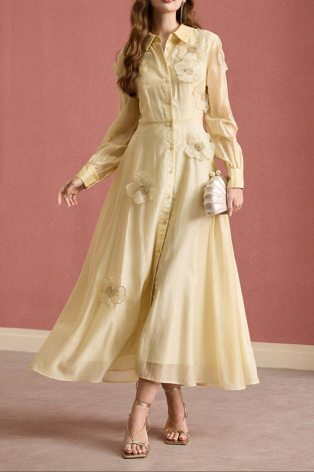 susanna floral Applique Shirt Midi Dress in yellow