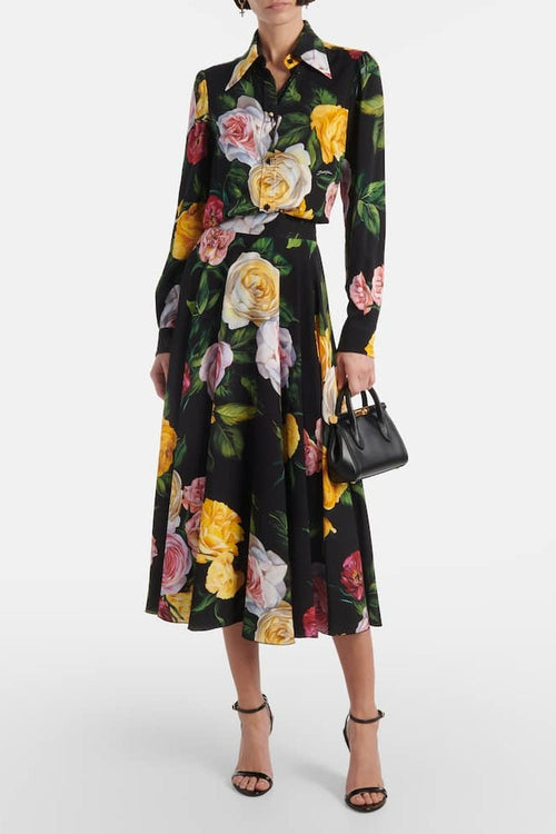 Flowering Girl Women Black Floral Print Shirt & Midi Skirt Co-ord Set