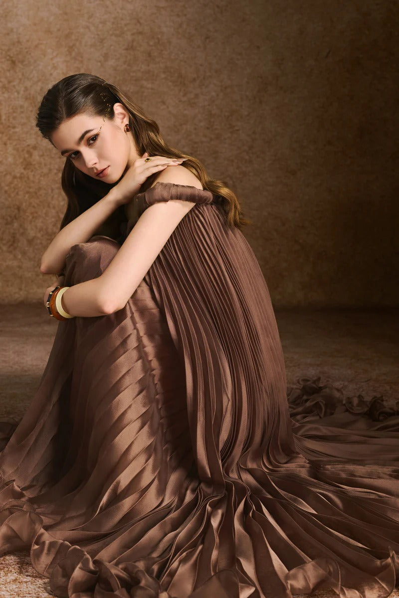 Flowering Girl Women Donna A-Line Off-Shoulder Silk Organza Maxi Dress In Brown