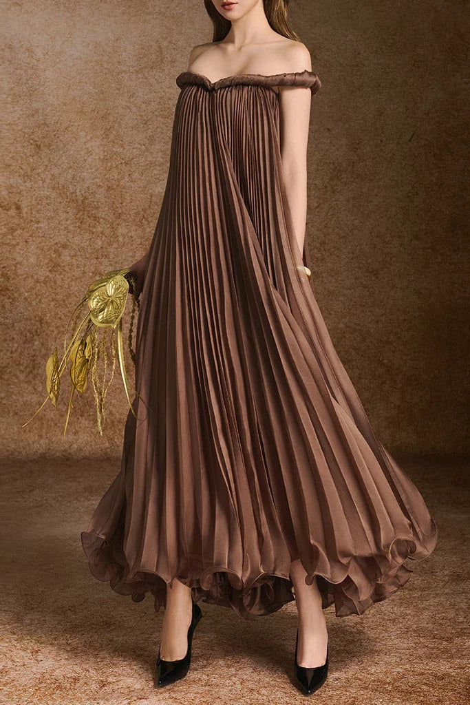 Flowering Girl Women Donna A-Line Off-Shoulder Silk Organza Maxi Dress In Brown