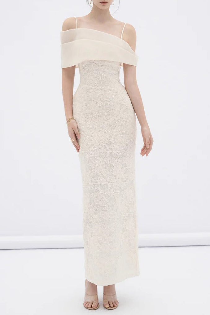 Tiffany Apricot Sheath Off Shoulder Sleeve Lace Maxi Dress
