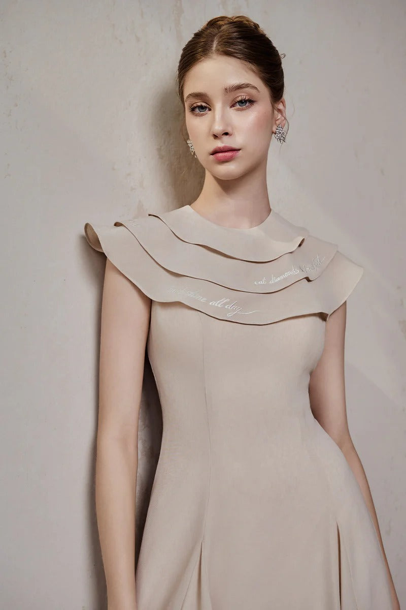 A-line Jewel Neck Viscose Ankle maxi Dress in beige