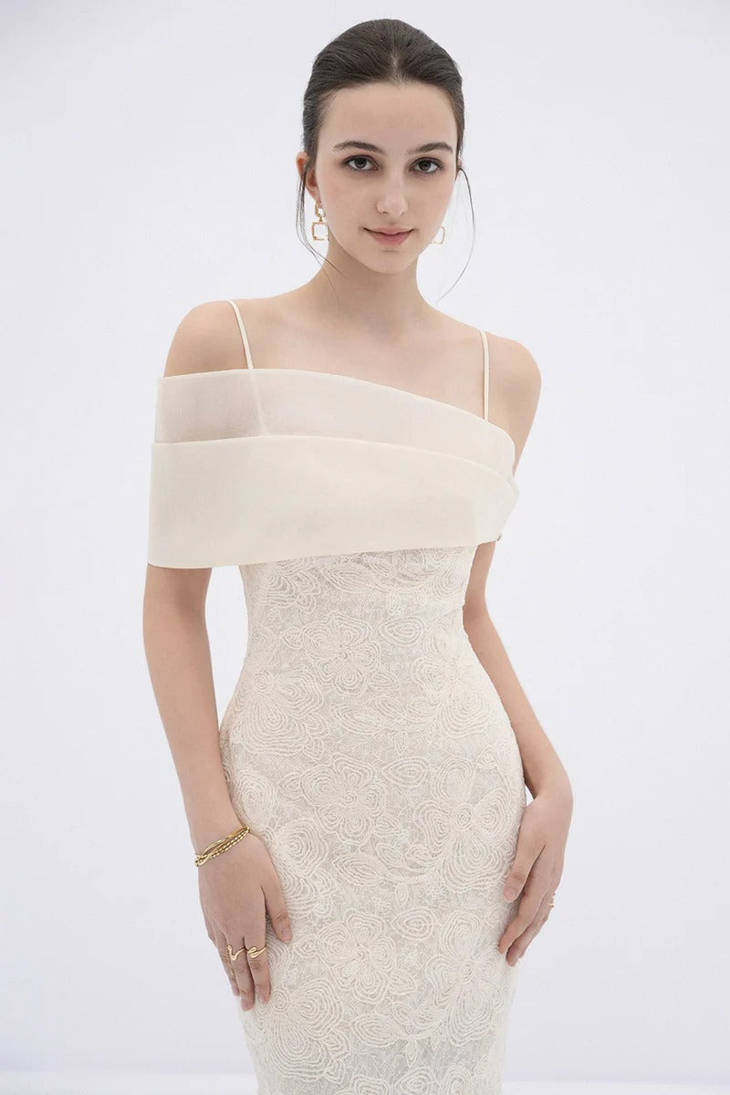 Tiffany Apricot Sheath Off Shoulder Sleeve Lace Maxi Dress