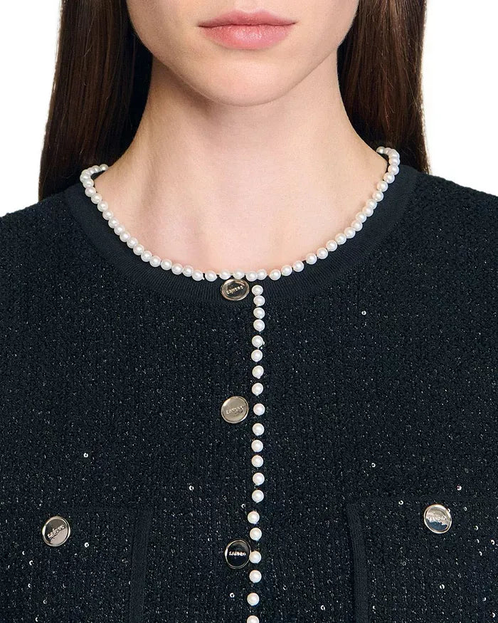 Jody Black Tweed Vest With Pearls Embellished