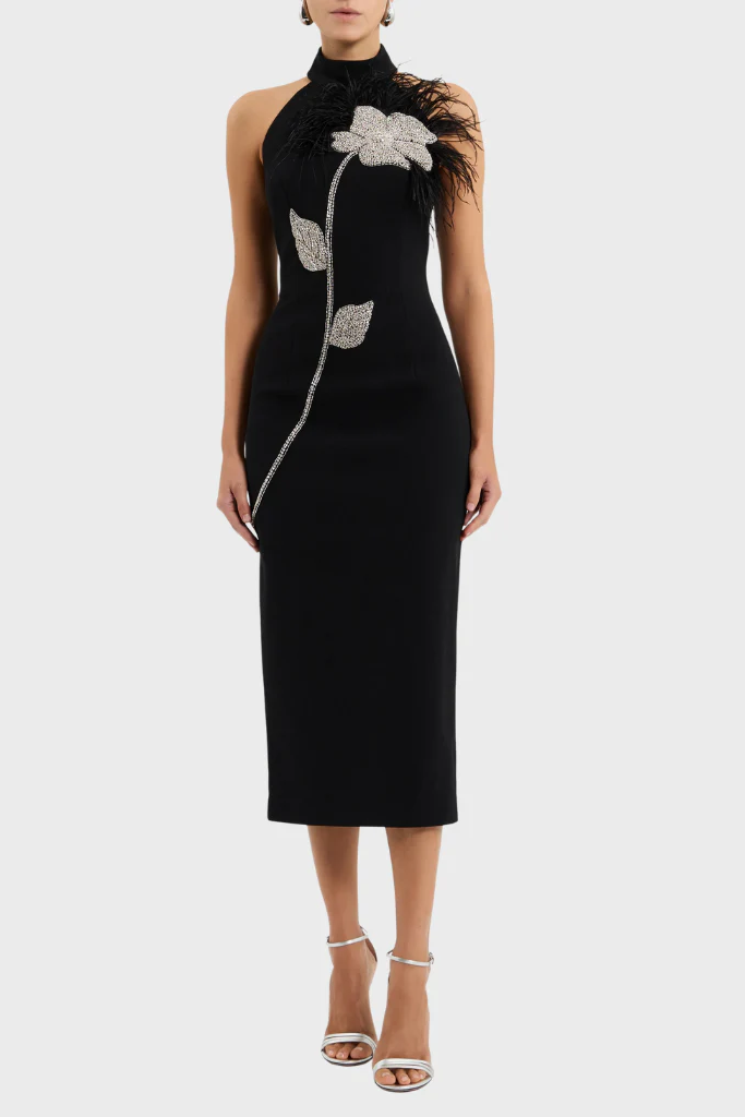 Beatrice Flower Rhinestone Feather Halter Midi Dress In Black