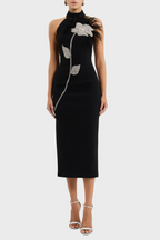 Beatrice Flower Rhinestone Feather Halter Midi Dress In Black