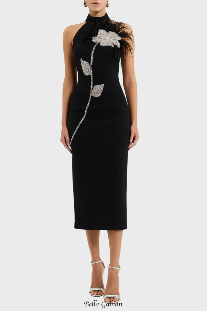 beatrice flower rhinestone feather halter Midi Dress in Black